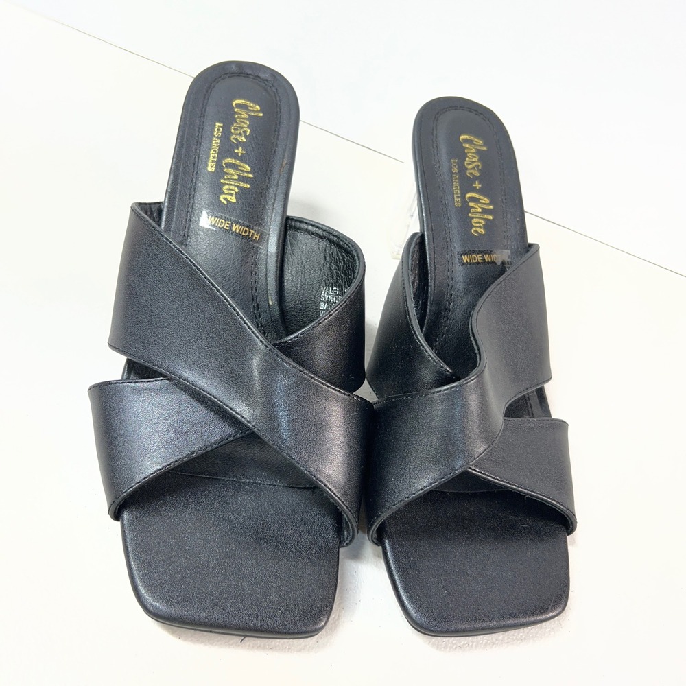 Chase + Chloe Valen-10W Black Square Toe Clear Lucite Block Heel Sandals 10W